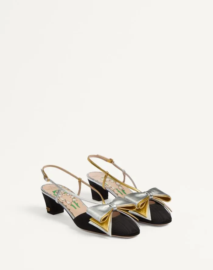 Valentino Pumps Woman Bowow Slingback Pumps In Moir Fabric 45mm For Woman In Pinksilver Pinksilver
