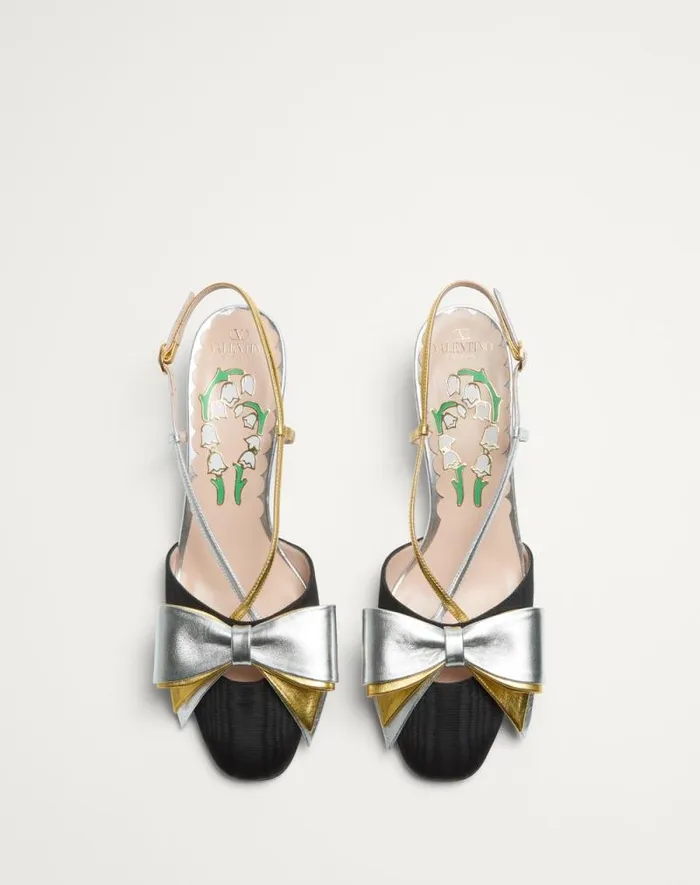 Valentino Pumps Woman Bowow Slingback Pumps In Moir Fabric 45mm For Woman In Pinksilver Pinksilver