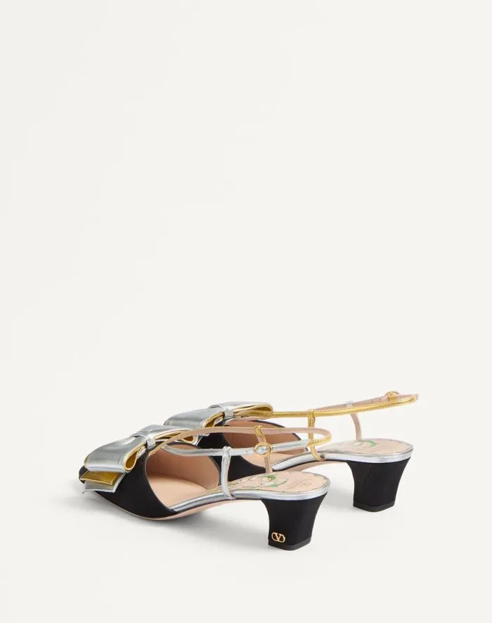Valentino Pumps Woman Bowow Slingback Pumps In Moir Fabric 45mm For Woman In Pinksilver Pinksilver