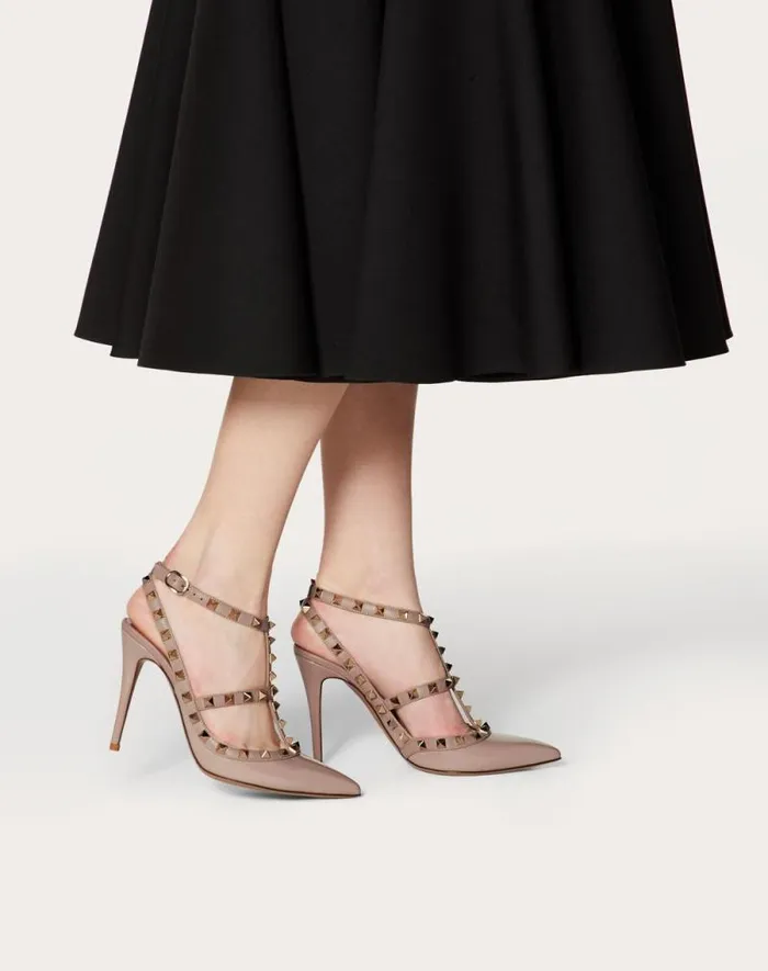 Valentino Pumps Woman Patent Rockstud Caged Pump 100mm For Woman In Poudre Poudre