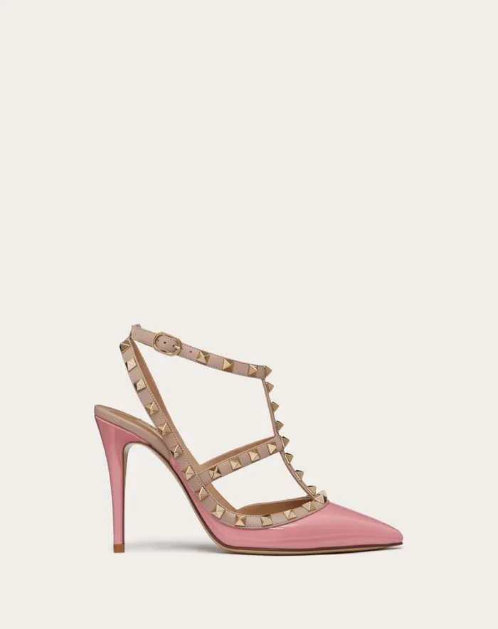 Valentino Pumps Woman Patent Rockstud Caged Pump 100mm For Woman In Poudre Poudre