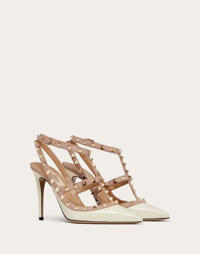 Valentino Pumps Woman Patent Rockstud Caged Pump 100mm For Woman In Poudre Poudre