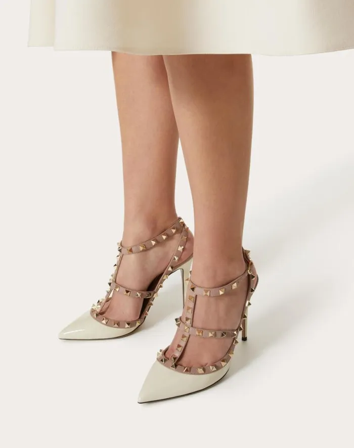 Valentino Pumps Woman Patent Rockstud Caged Pump 100mm For Woman In Poudre Poudre