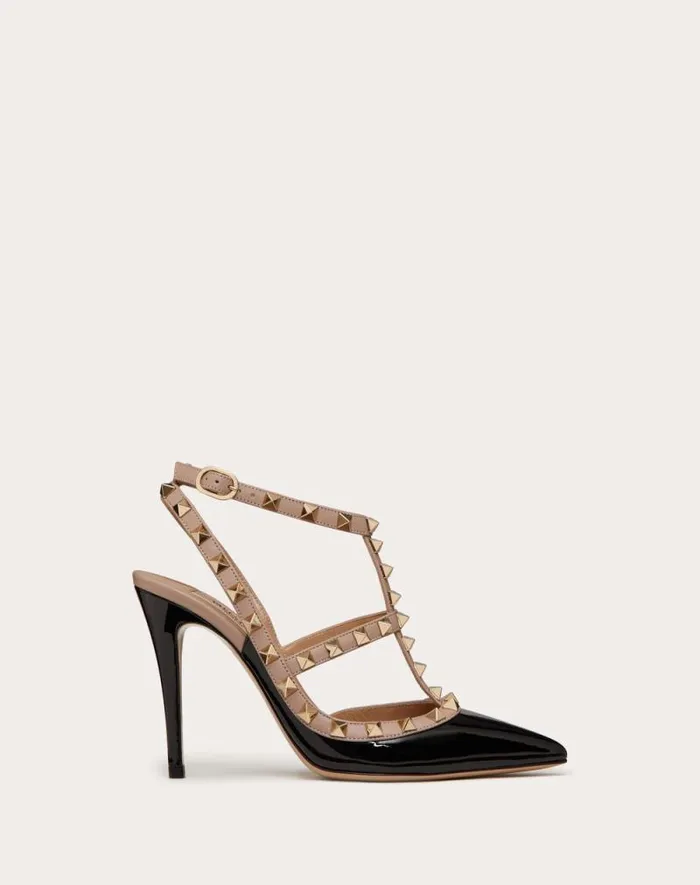Valentino Pumps Woman Patent Rockstud Caged Pump 100mm For Woman In Poudre Poudre