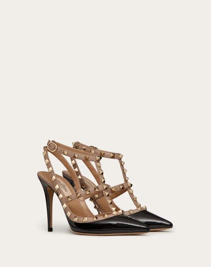 Valentino Pumps Woman Patent Rockstud Caged Pump 100mm For Woman In Poudre Poudre