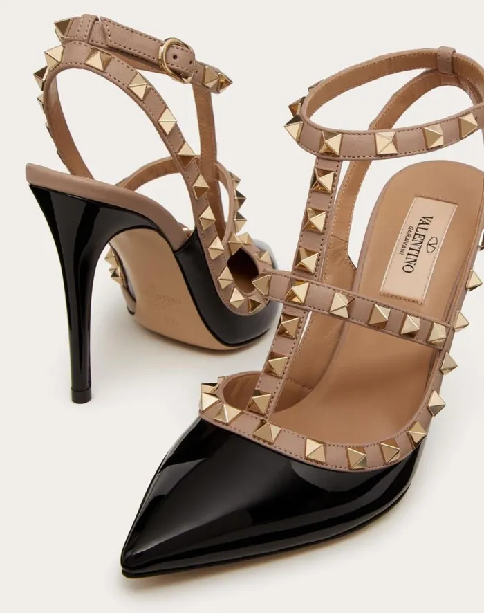 Valentino Pumps Woman Patent Rockstud Caged Pump 100mm For Woman In Poudre Poudre
