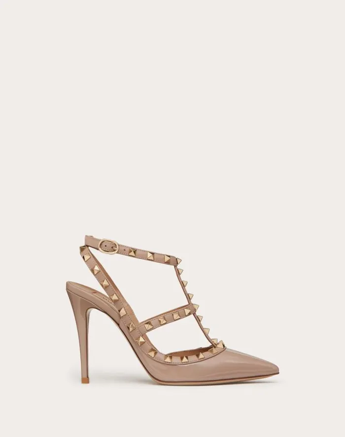 Valentino Pumps Woman Patent Rockstud Caged Pump 100mm For Woman In Poudre Poudre