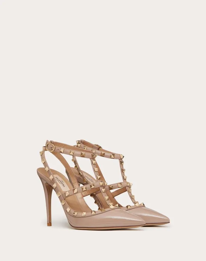 Valentino Pumps Woman Patent Rockstud Caged Pump 100mm For Woman In Poudre Poudre