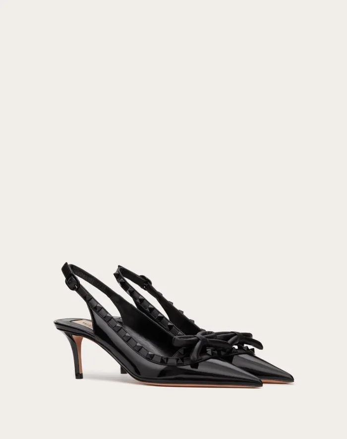 Valentino Pumps Woman Rockstud Bow Slingback Pump In Patent Leather With Matching Studs 60mm For Woman In Black Black Valentino Pumps Woman Rockstud Bow Slingback Pump In Patent Leather With Matching Studs 60mm For Woman In Black Black