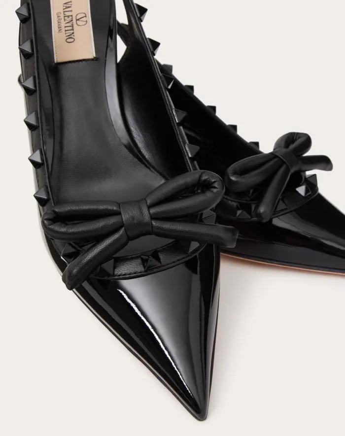 Valentino Pumps Woman Rockstud Bow Slingback Pump In Patent Leather With Matching Studs 60mm For Woman In Black Black Valentino Pumps Woman Rockstud Bow Slingback Pump In Patent Leather With Matching Studs 60mm For Woman In Black Black