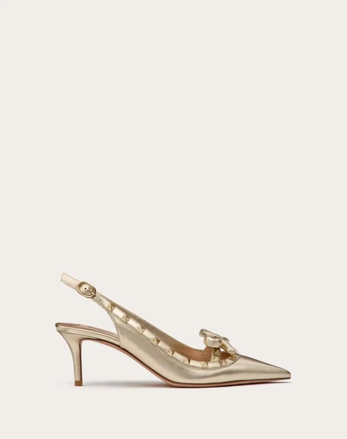 Valentino Pumps Woman Rockstud Bow Slingback Pumps In Laminated Nappa Leather And 60mm Tone Studs For Woman In Platinum Platinum