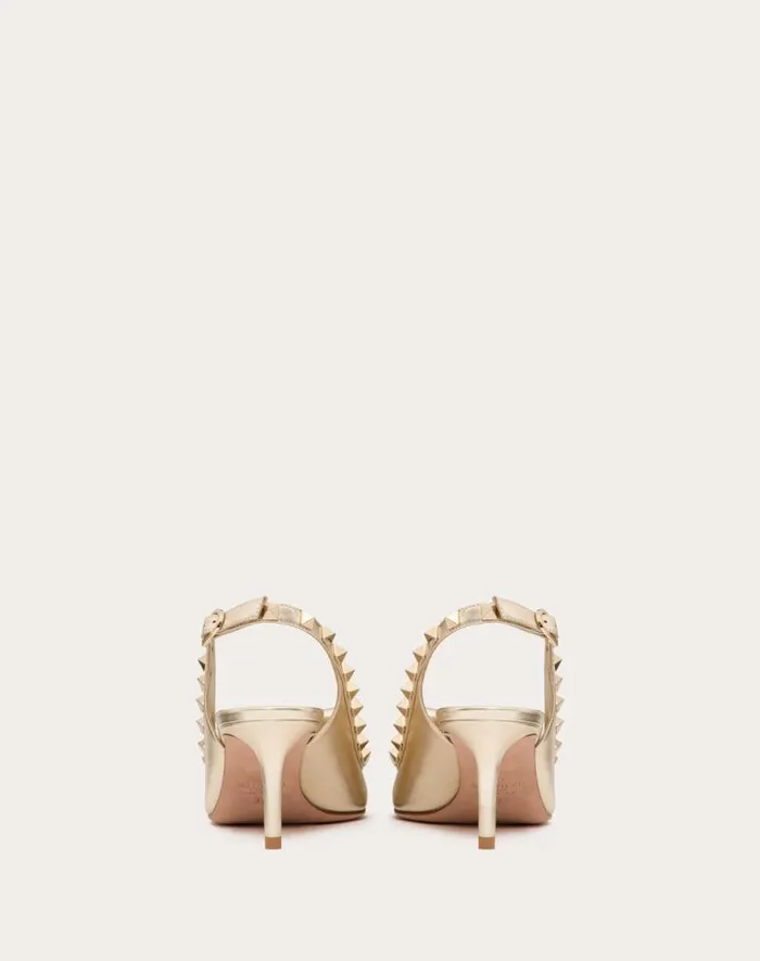 Valentino Pumps Woman Rockstud Bow Slingback Pumps In Laminated Nappa Leather And 60mm Tone Studs For Woman In Platinum Platinum