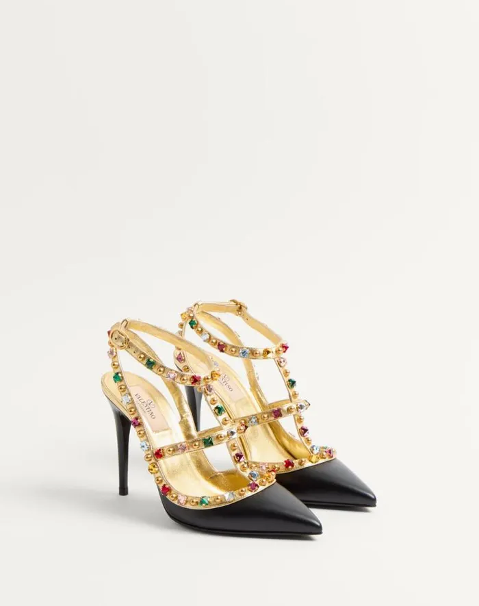 Valentino Pumps Woman Rockstud Calfskin Pumps With Cabochon And 100mm Crystals For Woman In Blackantique Brass Blackantique Brass