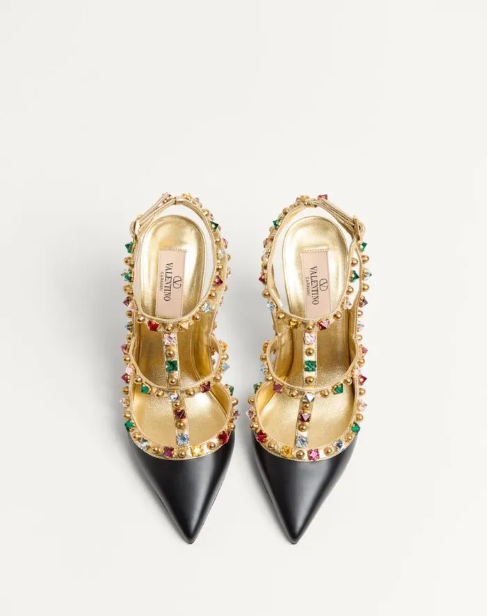 Valentino Pumps Woman Rockstud Calfskin Pumps With Cabochon And 100mm Crystals For Woman In Blackantique Brass Blackantique Brass