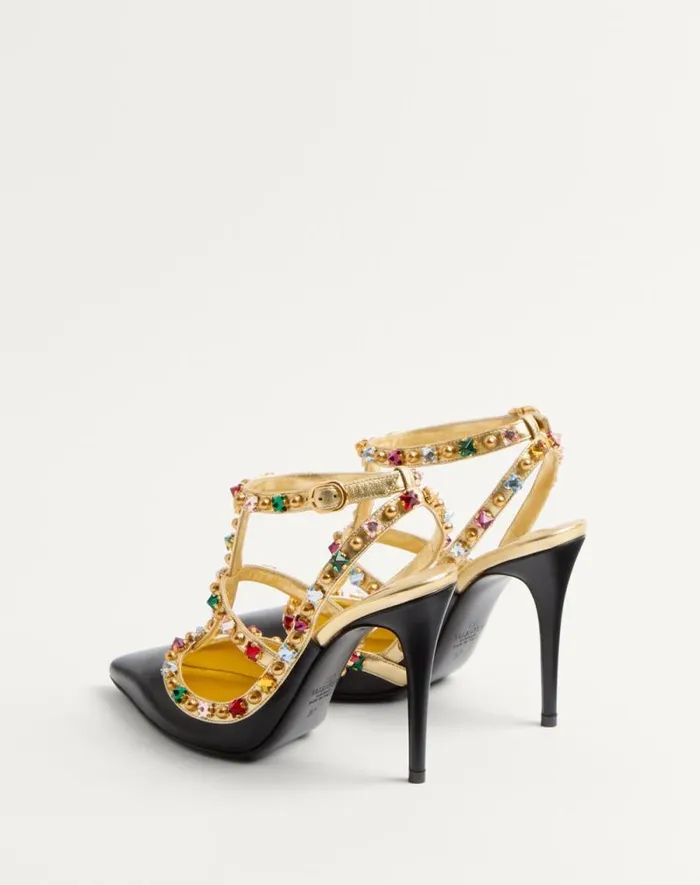 Valentino Pumps Woman Rockstud Calfskin Pumps With Cabochon And 100mm Crystals For Woman In Blackantique Brass Blackantique Brass
