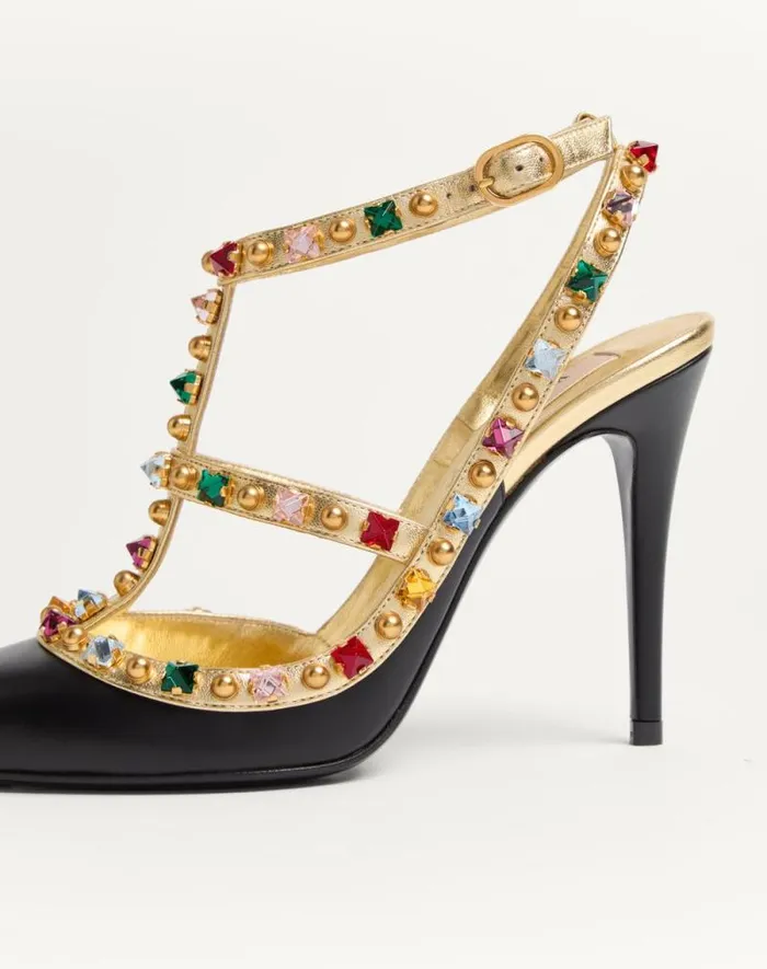 Valentino Pumps Woman Rockstud Calfskin Pumps With Cabochon And 100mm Crystals For Woman In Blackantique Brass Blackantique Brass
