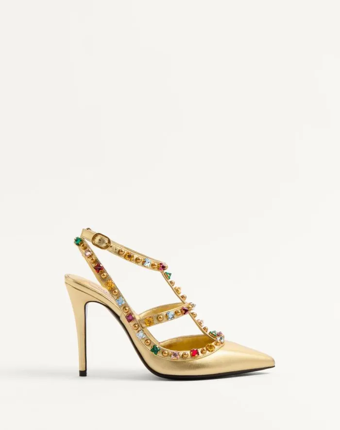 Valentino Pumps Woman Rockstud Dcollet In Laminated Nappa With Cabochon And Crystals 100mm For Woman In Multicolor Multicolor