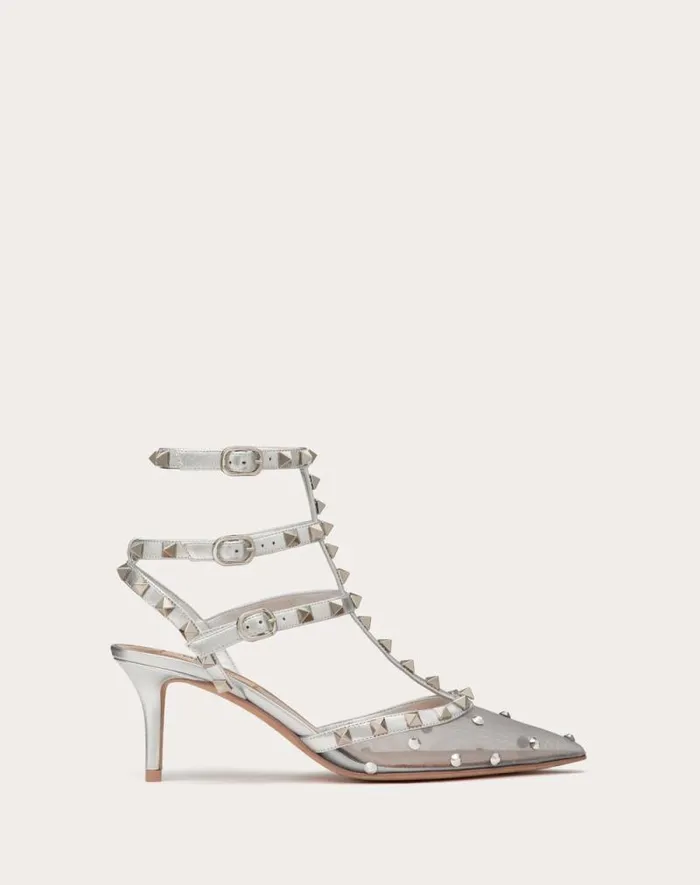 Valentino Pumps Woman Rockstud Mesh Pump With Crystals And Straps 65mm For Woman In Pastel Graysilver Pastel Graysilver