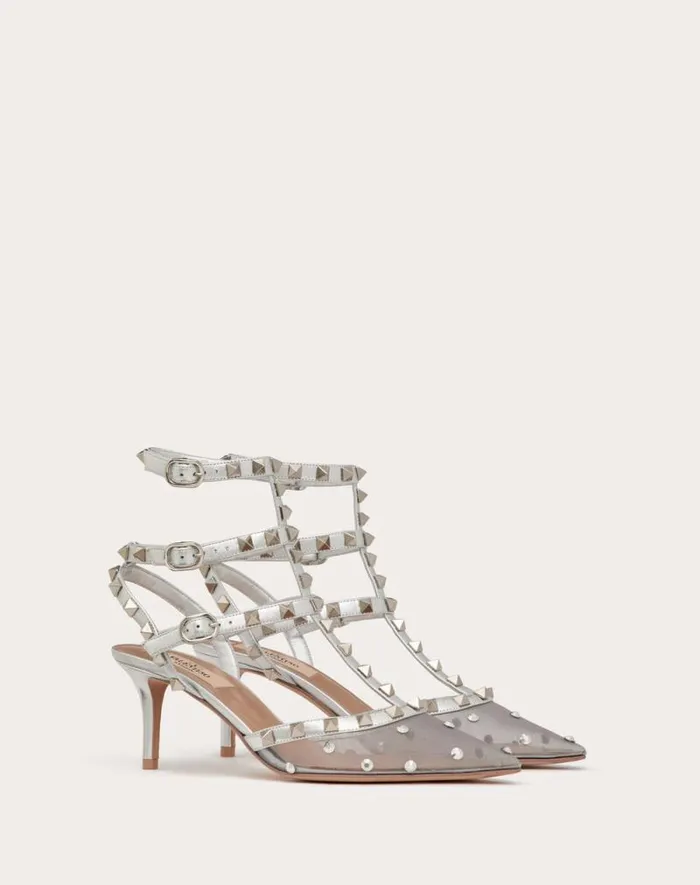 Valentino Pumps Woman Rockstud Mesh Pump With Crystals And Straps 65mm For Woman In Pastel Graysilver Pastel Graysilver