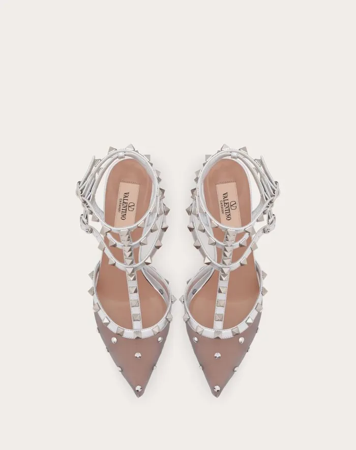 Valentino Pumps Woman Rockstud Mesh Pump With Crystals And Straps 65mm For Woman In Pastel Graysilver Pastel Graysilver