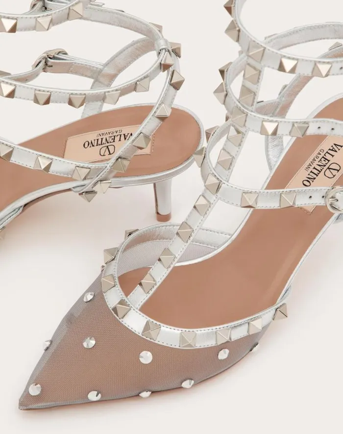 Valentino Pumps Woman Rockstud Mesh Pump With Crystals And Straps 65mm For Woman In Pastel Graysilver Pastel Graysilver