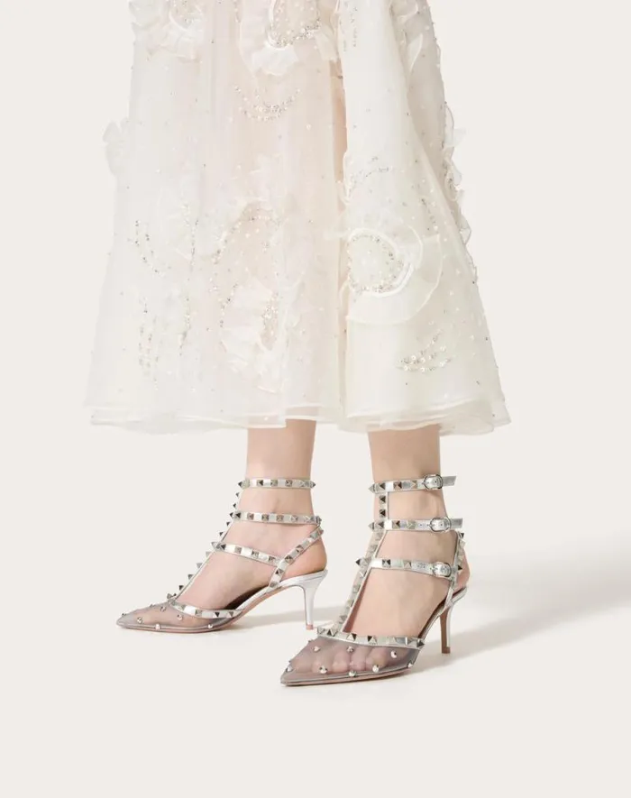 Valentino Pumps Woman Rockstud Mesh Pump With Crystals And Straps 65mm For Woman In Pastel Graysilver Pastel Graysilver