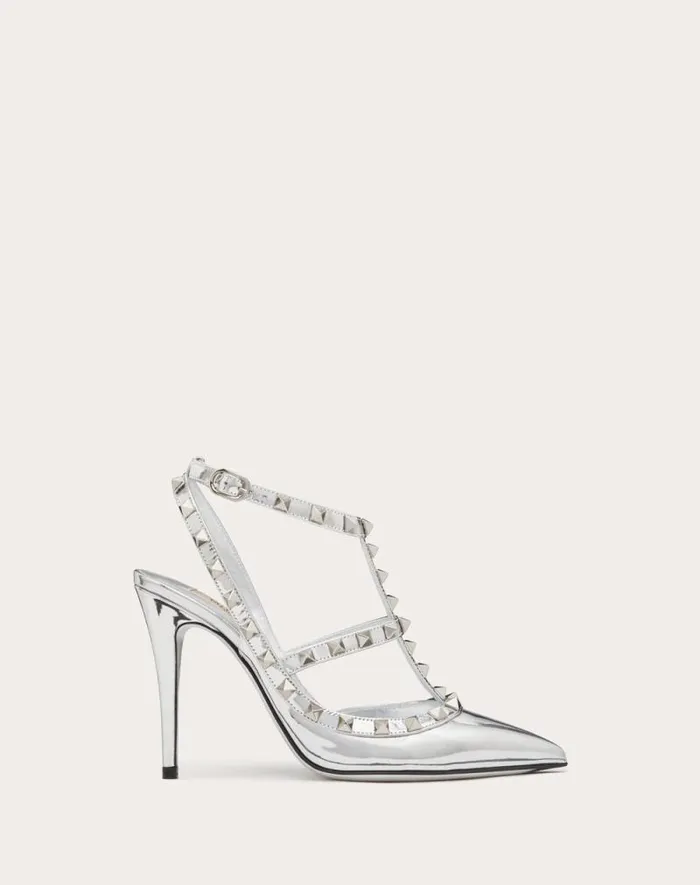 Valentino Pumps Woman Rockstud Mirroreffect Pump With Matching Straps And Studs 100mm For Woman In Silver Silver