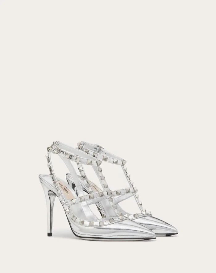 Valentino Pumps Woman Rockstud Mirroreffect Pump With Matching Straps And Studs 100mm For Woman In Silver Silver Valentino Pumps Woman Rockstud Mirroreffect Pump With Matching Straps And Studs 100mm For Woman In Silver Silver