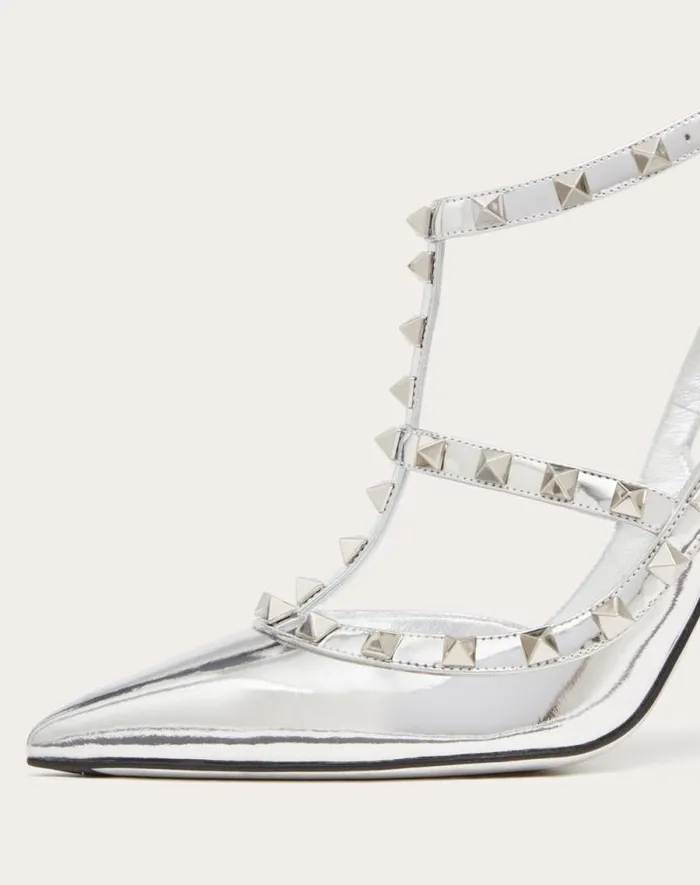 Valentino Pumps Woman Rockstud Mirroreffect Pump With Matching Straps And Studs 100mm For Woman In Silver Silver Valentino Pumps Woman Rockstud Mirroreffect Pump With Matching Straps And Studs 100mm For Woman In Silver Silver