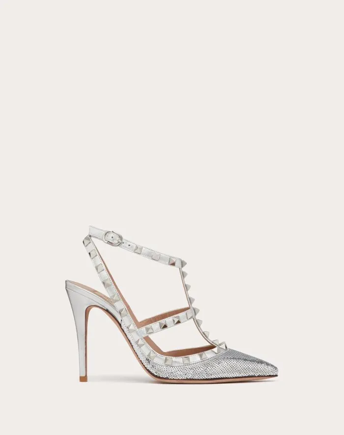 Valentino Pumps Woman Rockstud Pump With Sequin Embroidery And Straps 100mm For Woman In Silver Silver