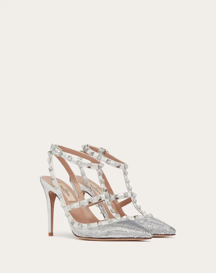 Valentino Pumps Woman Rockstud Pump With Sequin Embroidery And Straps 100mm For Woman In Silver Silver