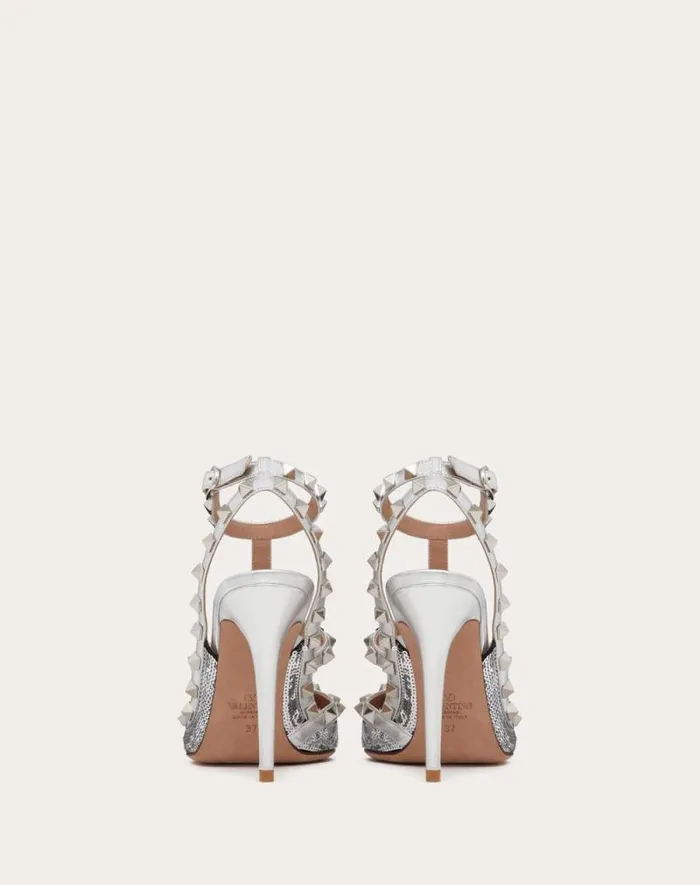 Valentino Pumps Woman Rockstud Pump With Sequin Embroidery And Straps 100mm For Woman In Silver Silver