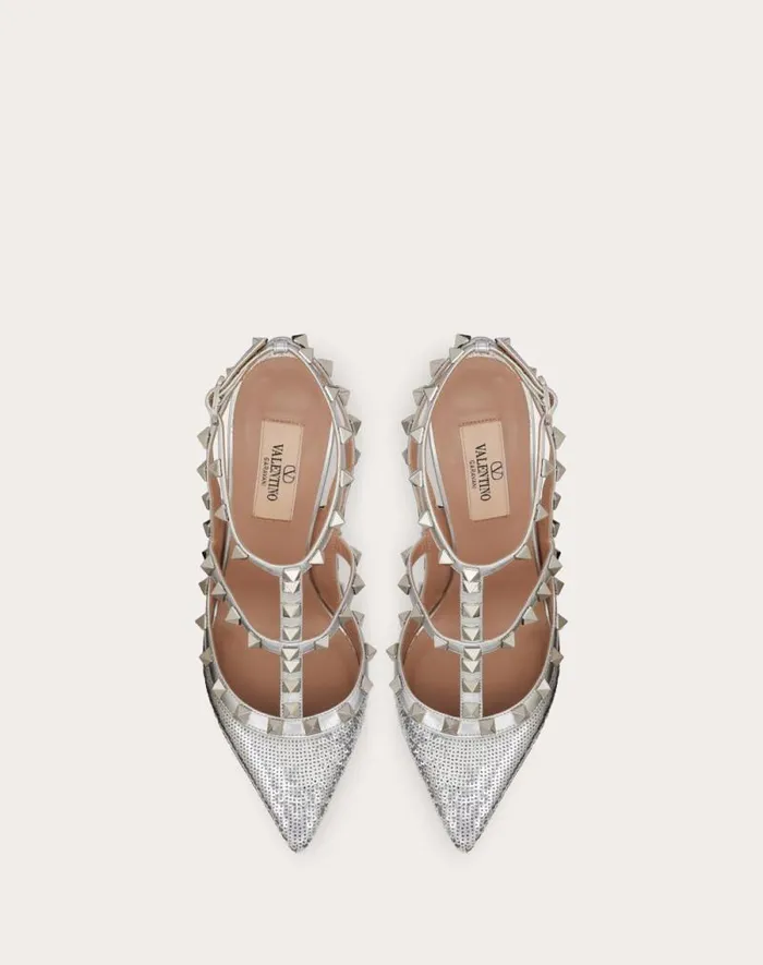 Valentino Pumps Woman Rockstud Pump With Sequin Embroidery And Straps 100mm For Woman In Silver Silver