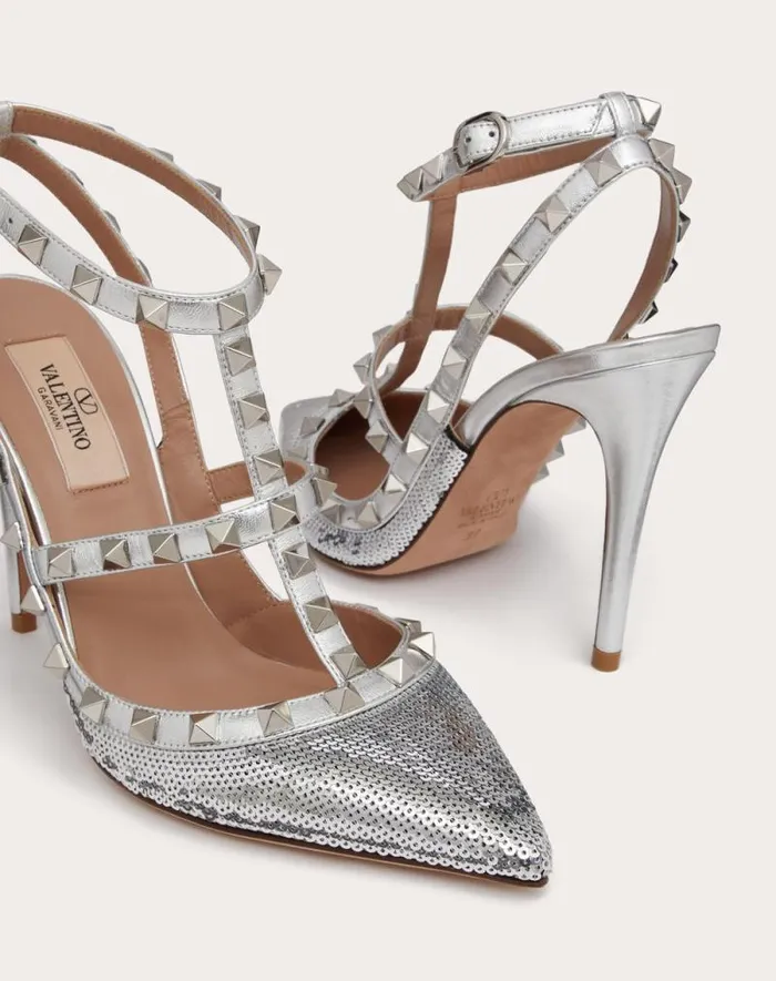 Valentino Pumps Woman Rockstud Pump With Sequin Embroidery And Straps 100mm For Woman In Silver Silver