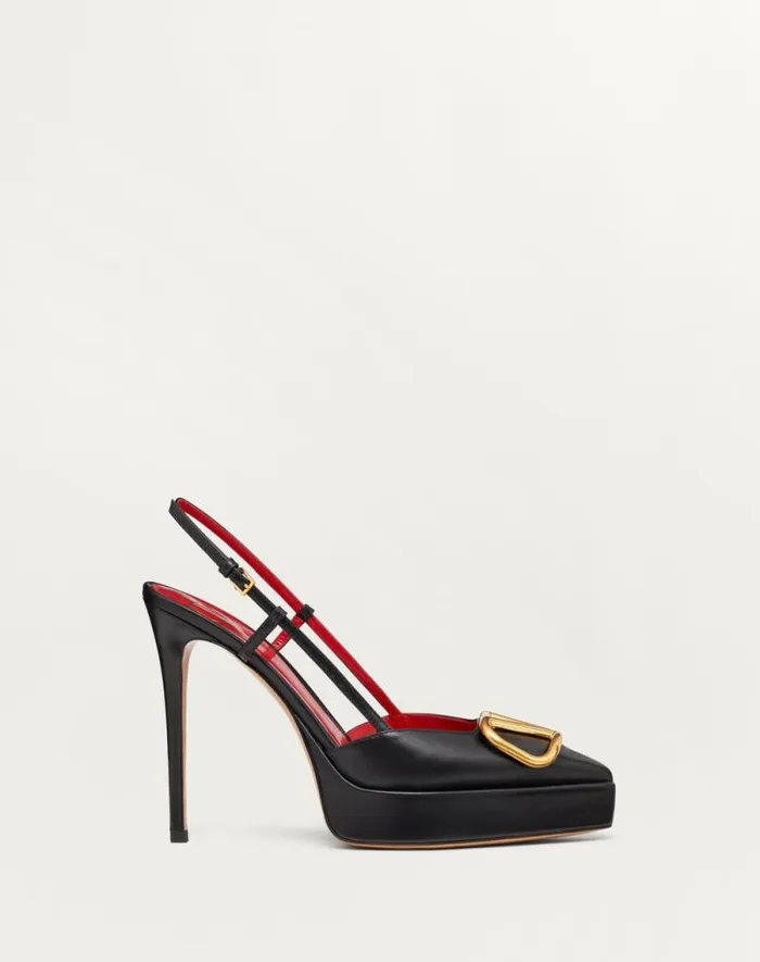 Valentino Pumps Woman Vlogo Signature Calfskin Slingback Platform Pump 120mm For Woman In Poudre Poudre