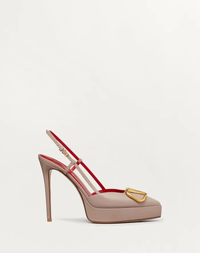 Valentino Pumps Woman Vlogo Signature Calfskin Slingback Platform Pump 120mm For Woman In Poudre Poudre