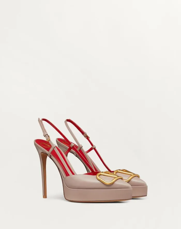 Valentino Pumps Woman Vlogo Signature Calfskin Slingback Platform Pump 120mm For Woman In Poudre Poudre