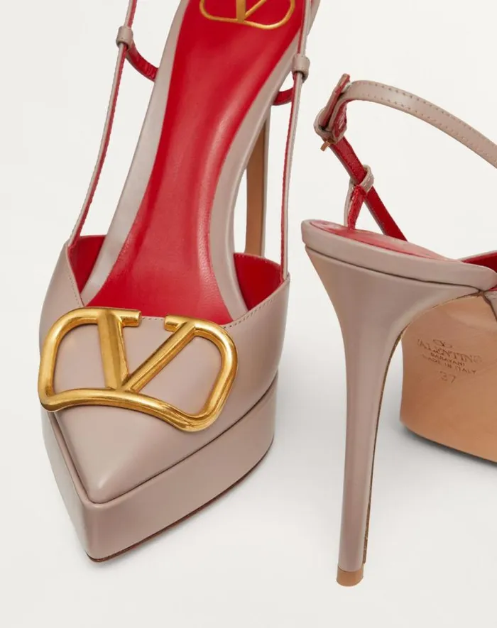 Valentino Pumps Woman Vlogo Signature Calfskin Slingback Platform Pump 120mm For Woman In Poudre Poudre