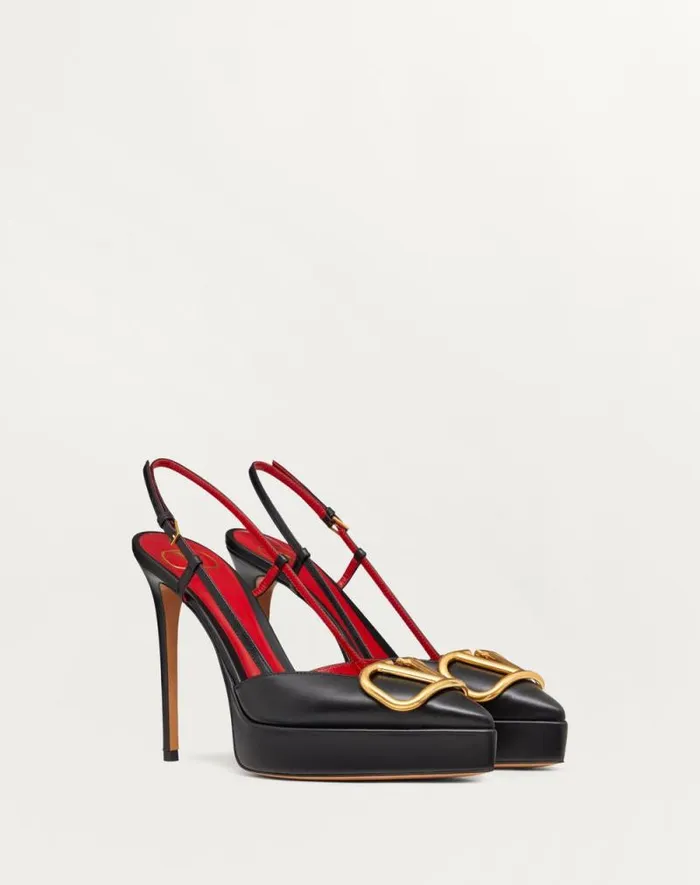 Valentino Pumps Woman Vlogo Signature Calfskin Slingback Platform Pump 120mm For Woman In Poudre Poudre