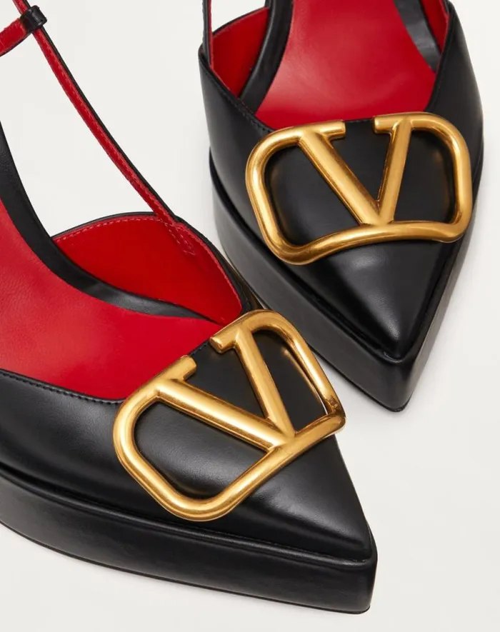Valentino Pumps Woman Vlogo Signature Calfskin Slingback Platform Pump 120mm For Woman In Poudre Poudre