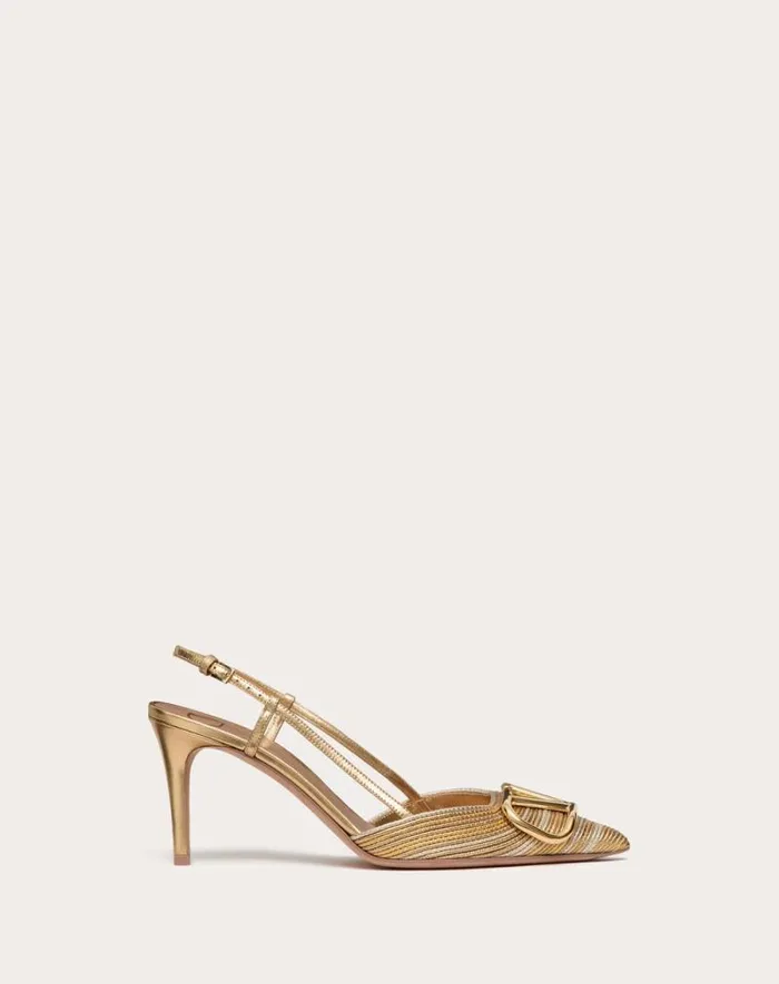 Valentino Pumps Woman Vlogo Signature Metallic Slingback Pumps With Cornely Embroidery 80mm For Woman In Gold Gold