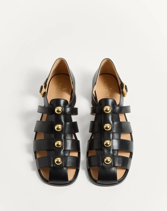 Valentino Sandals Man Studshield Fisherman Calfskin Sandal For Man In Tobacco Tobacco