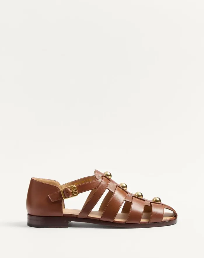 Valentino Sandals Man Studshield Fisherman Calfskin Sandal For Man In Tobacco Tobacco