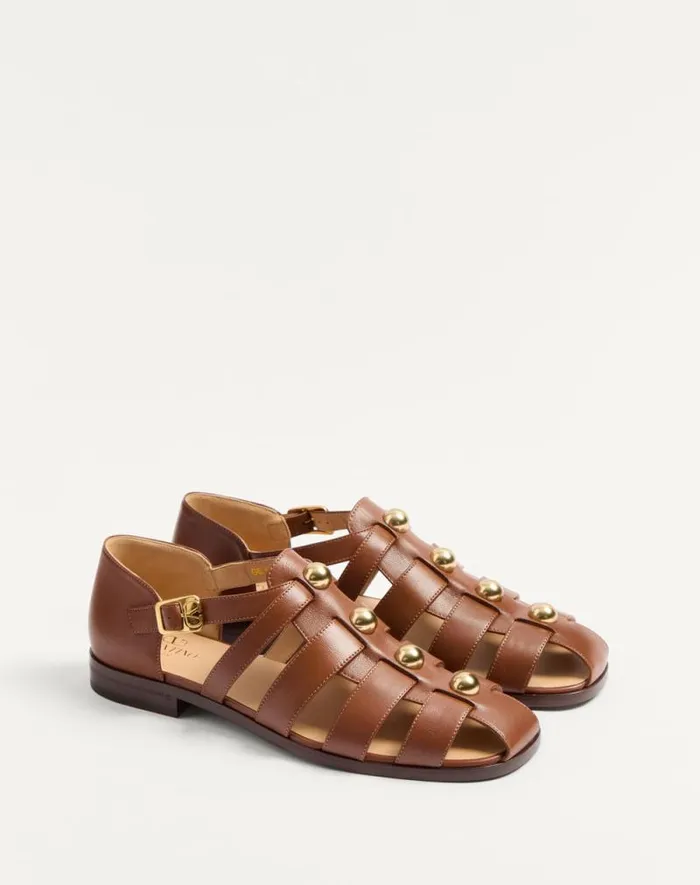Valentino Sandals Man Studshield Fisherman Calfskin Sandal For Man In Tobacco Tobacco