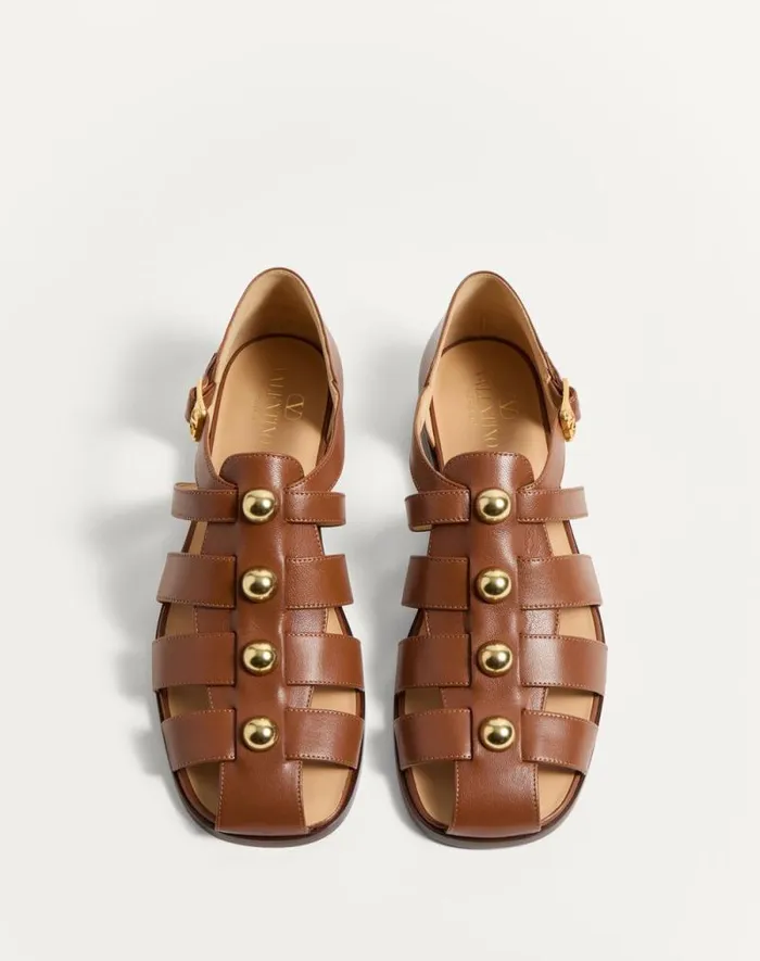 Valentino Sandals Man Studshield Fisherman Calfskin Sandal For Man In Tobacco Tobacco