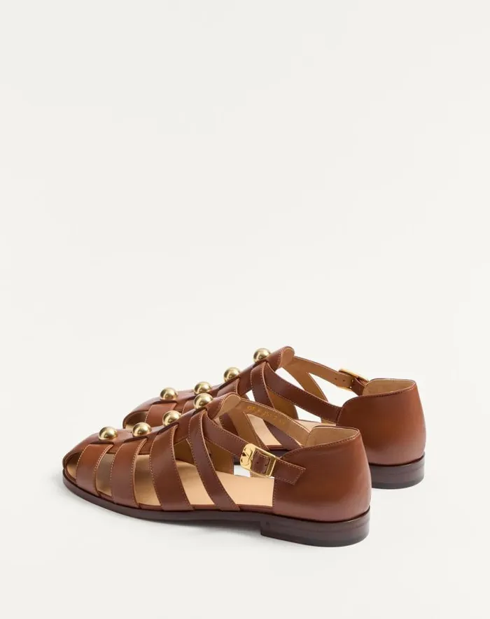 Valentino Sandals Man Studshield Fisherman Calfskin Sandal For Man In Tobacco Tobacco
