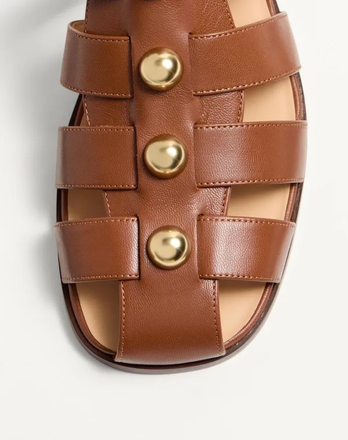 Valentino Sandals Man Studshield Fisherman Calfskin Sandal For Man In Tobacco Tobacco