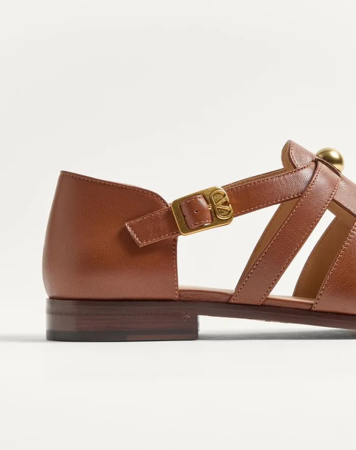 Valentino Sandals Man Studshield Fisherman Calfskin Sandal For Man In Tobacco Tobacco