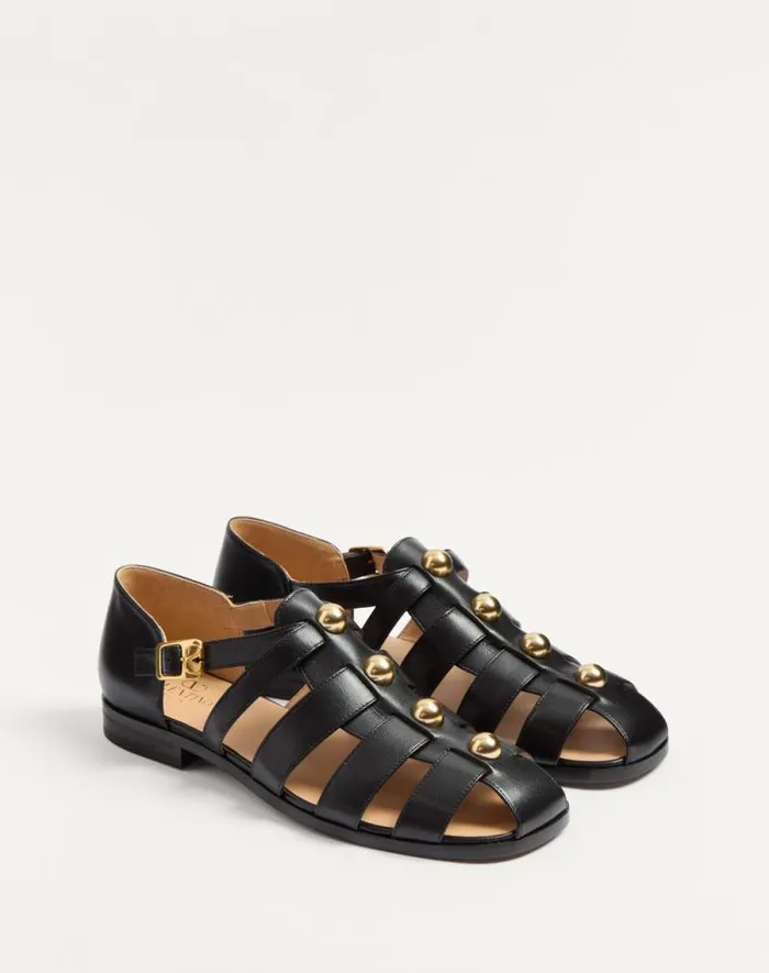 Valentino Sandals Man Studshield Fisherman Calfskin Sandal For Man In Tobacco Tobacco