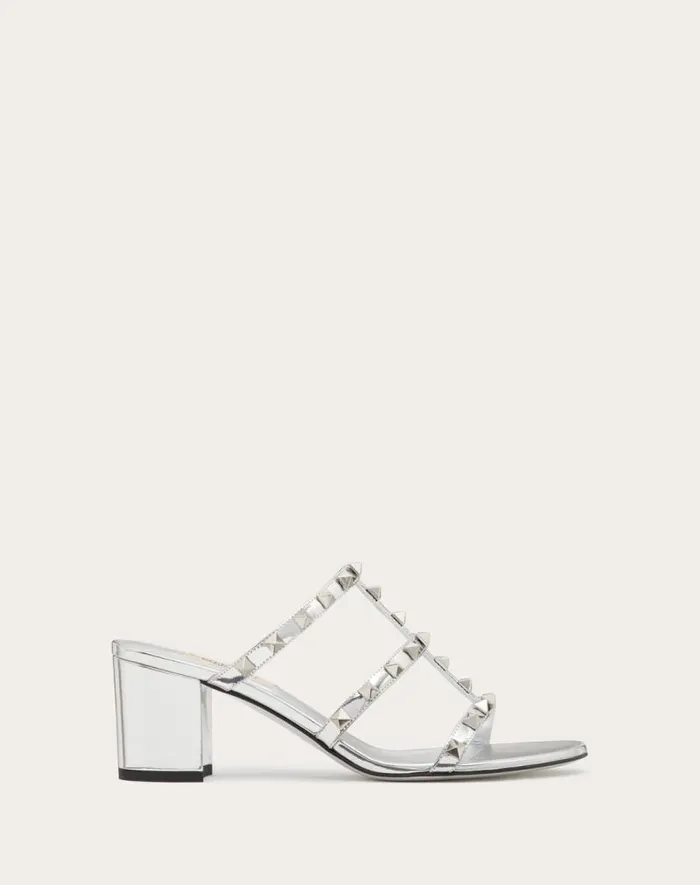 Valentino Sandals Woman Rockstud Mirroreffect Slide Sandal 60mm For Woman In Silver Silver Valentino Sandals Woman Rockstud Mirroreffect Slide Sandal 60mm For Woman In Silver Silver